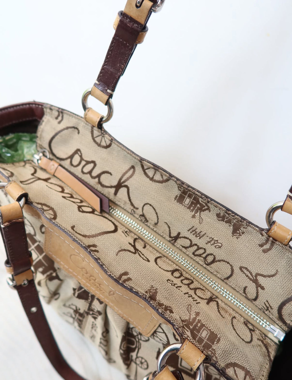 Coach Horse and Carriage Script Pleated Tote Bag