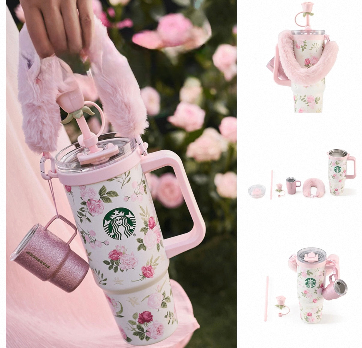 Starbucks China 2026 Rose Garden series double spout stainless steel cup with mini cup pendant