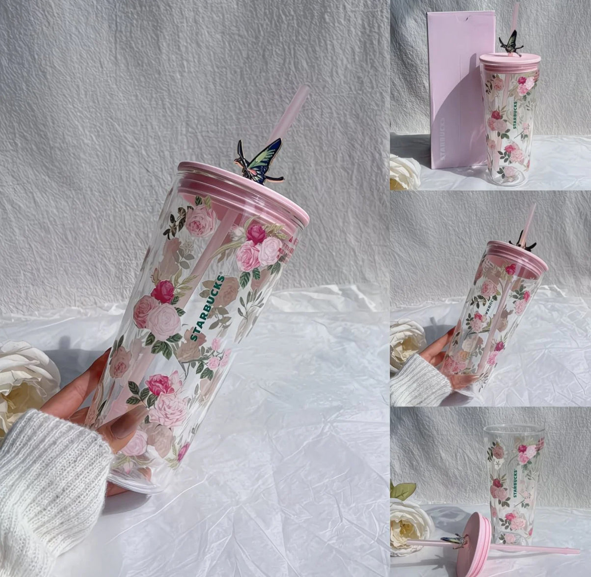 2026 China Exclusive Starbucks Clear Floral Rose Cold Cup with a butterfly straw topper accessory