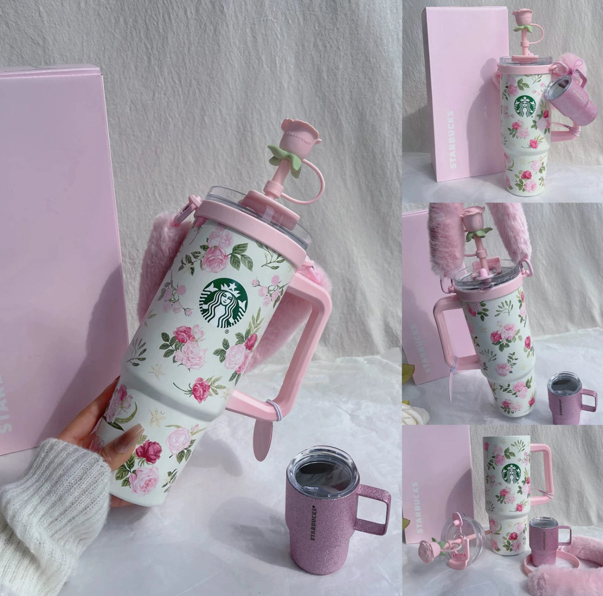 Starbucks China 2026 Rose Garden series double spout stainless steel cup with mini cup pendant