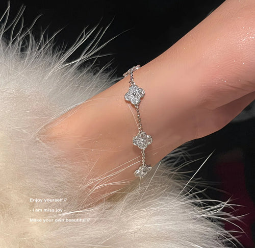 Clover Bracelet & Earrings Set (Silver with Rhinestones)