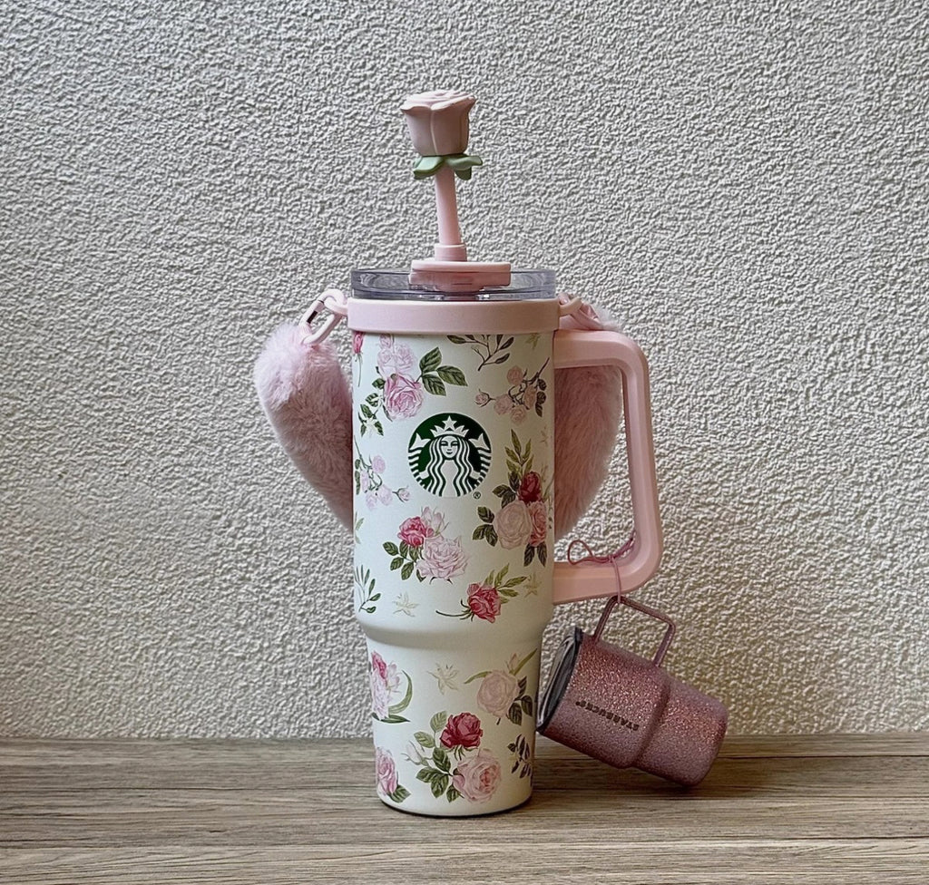 Starbucks China 2026 Rose Garden series double spout stainless steel cup with mini cup pendant