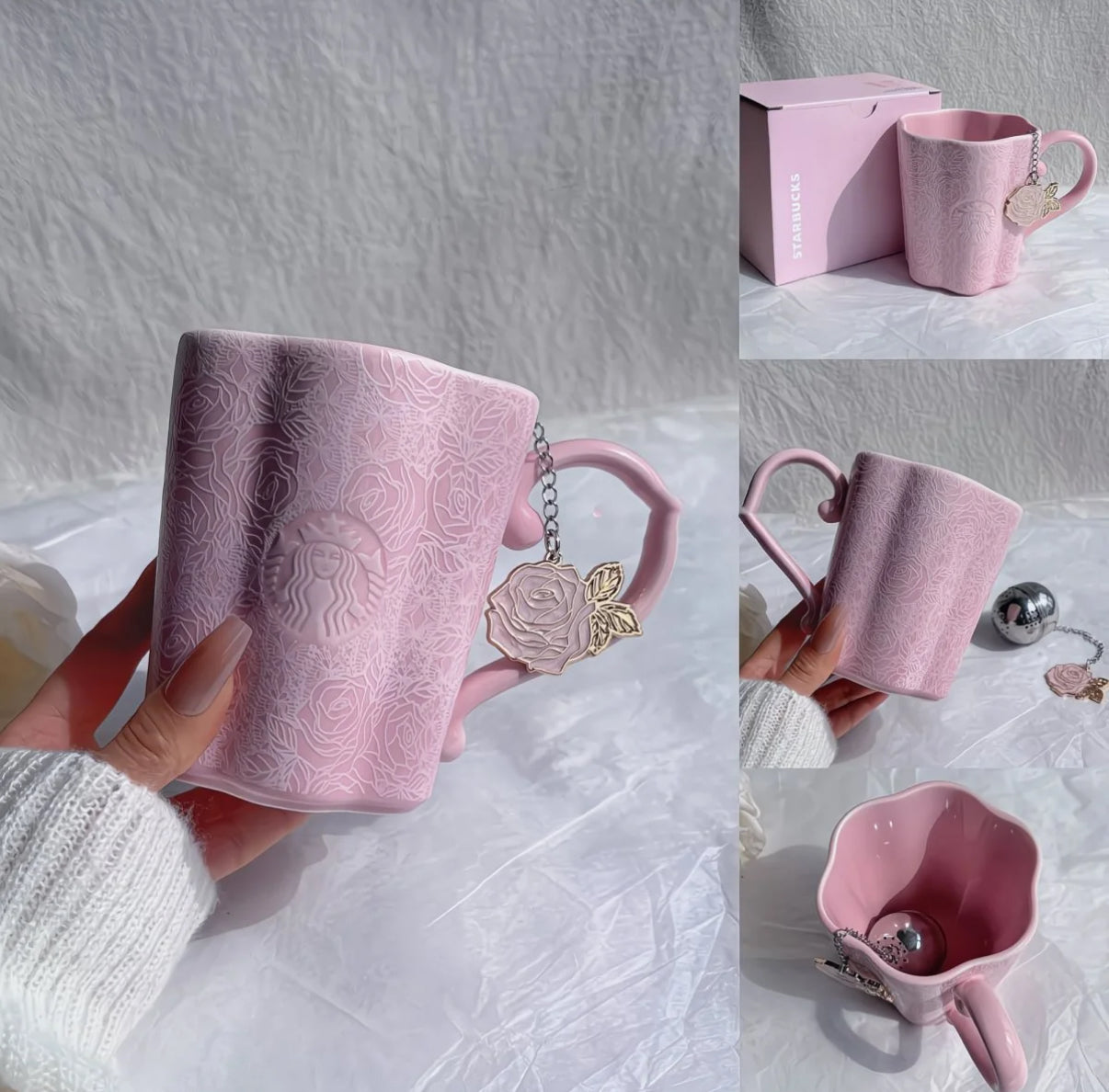 Starbucks China Exclusive Jingdezhen Floral-Textured Ceramic Pink Mug complete with a matching metallic rose-pendant tea infuser