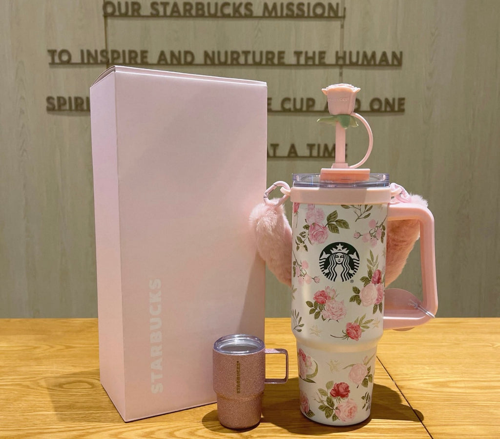 Starbucks China 2026 Rose Garden series double spout stainless steel cup with mini cup pendant