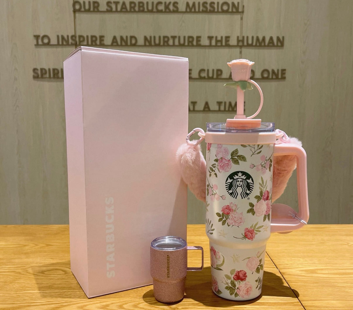 Starbucks China 2026 Rose Garden series double spout stainless steel cup with mini cup pendant