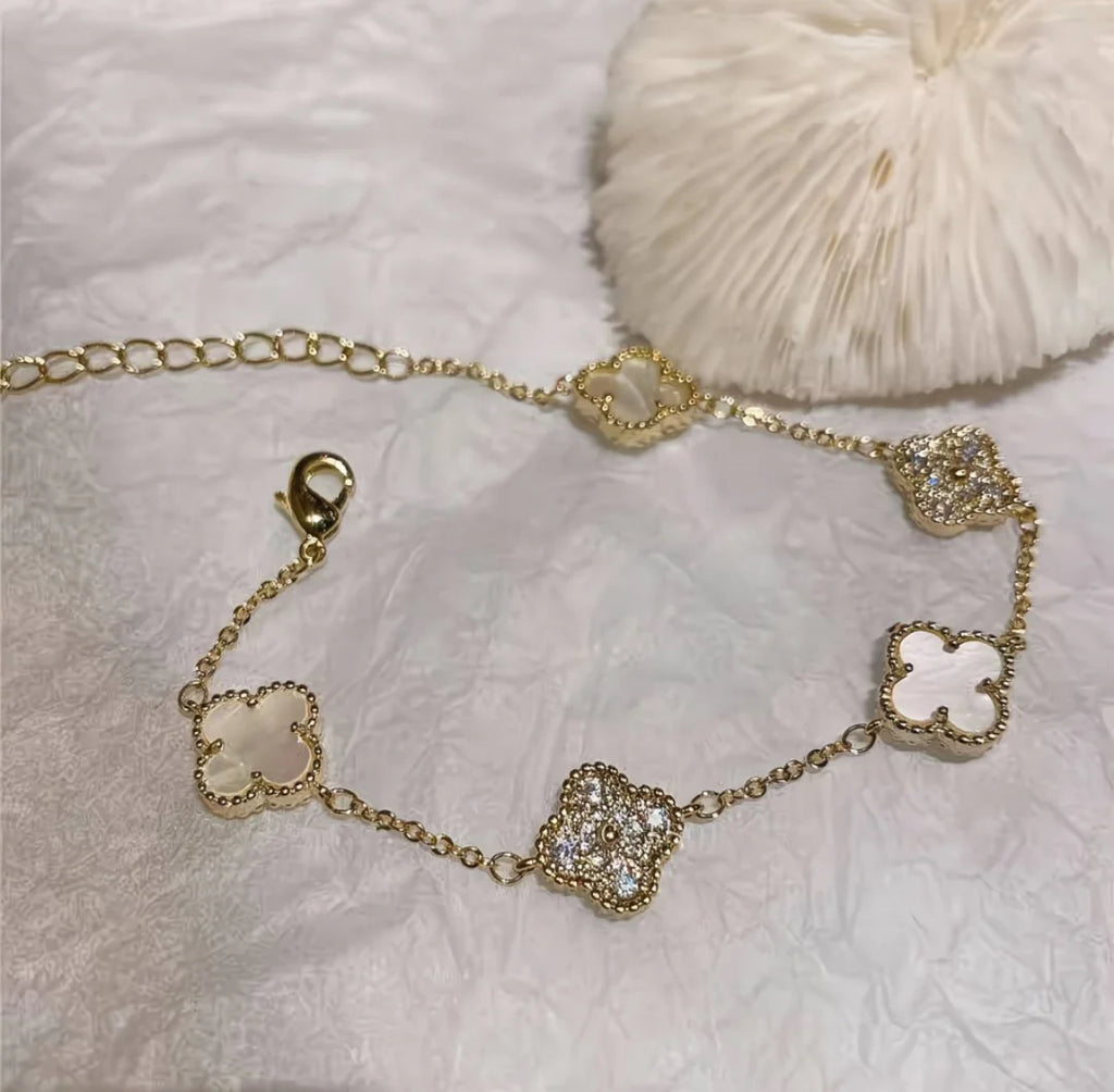 Clover Bracelet & Earrings Set (Gold with Rhinestones)