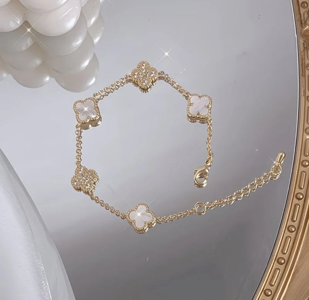 Clover Bracelet & Earrings Set (Gold with Rhinestones)