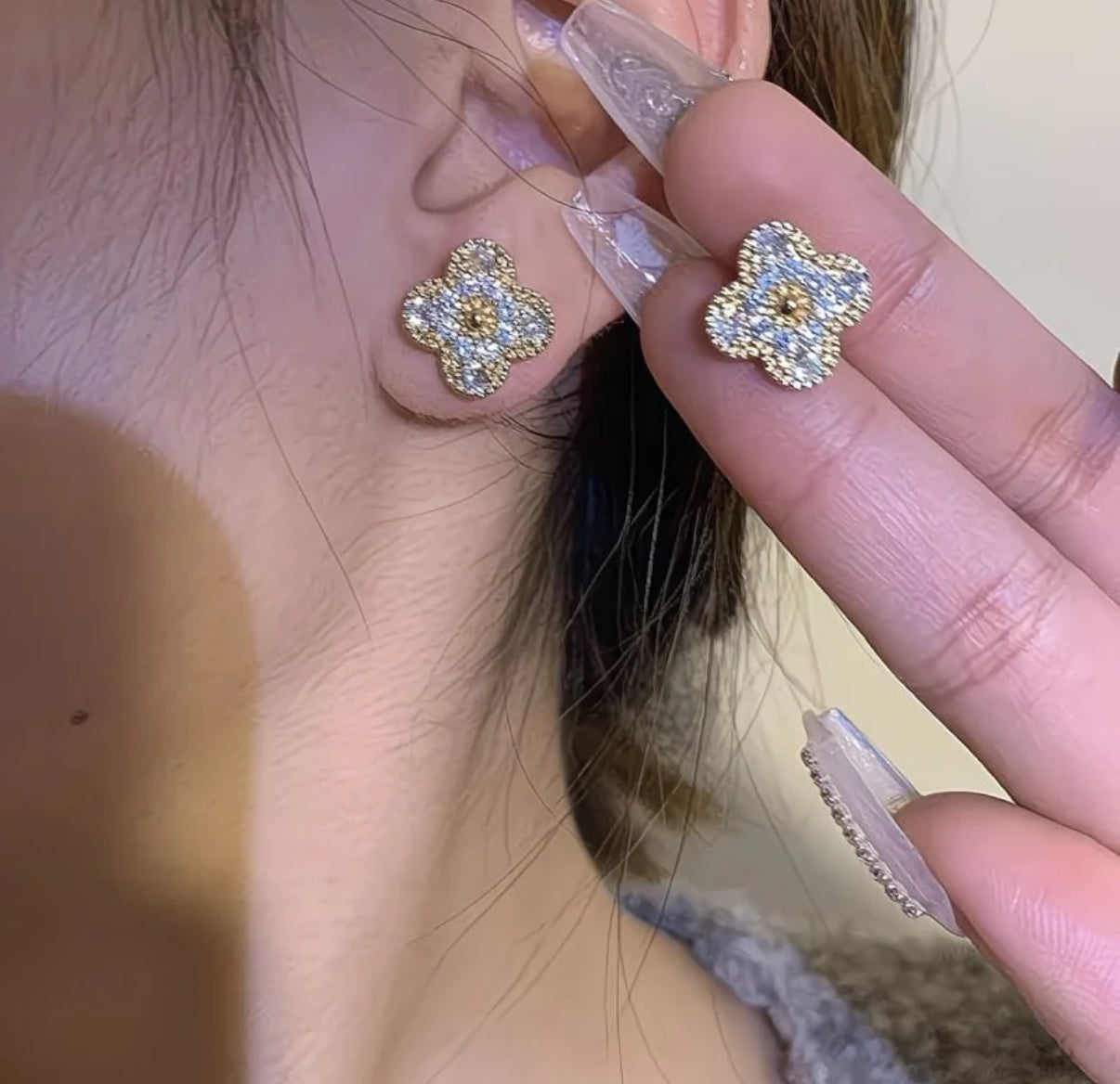 Clover Bracelet & Earrings Set (Gold with Rhinestones)