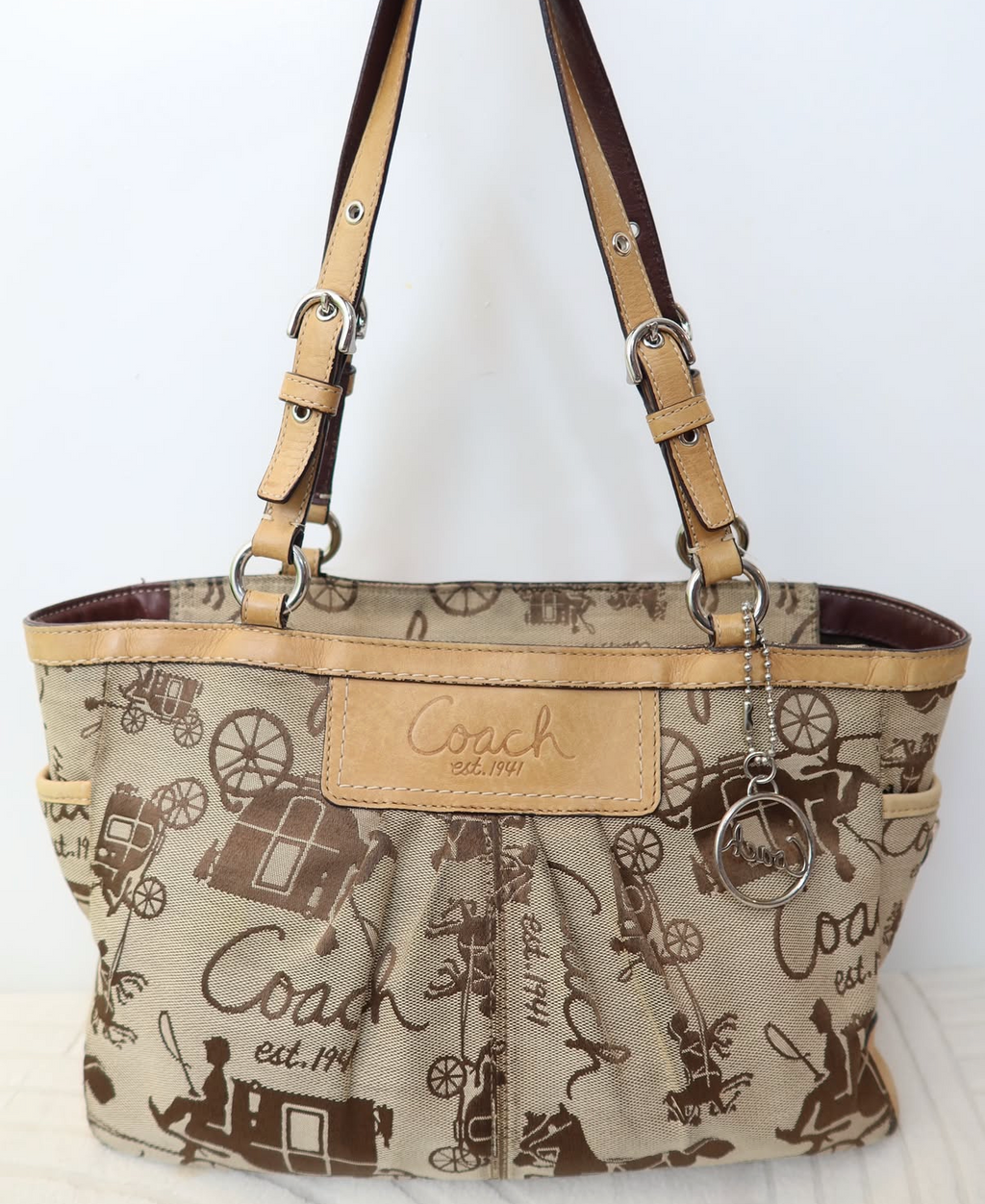 Coach Horse and Carriage Script Pleated Tote Bag