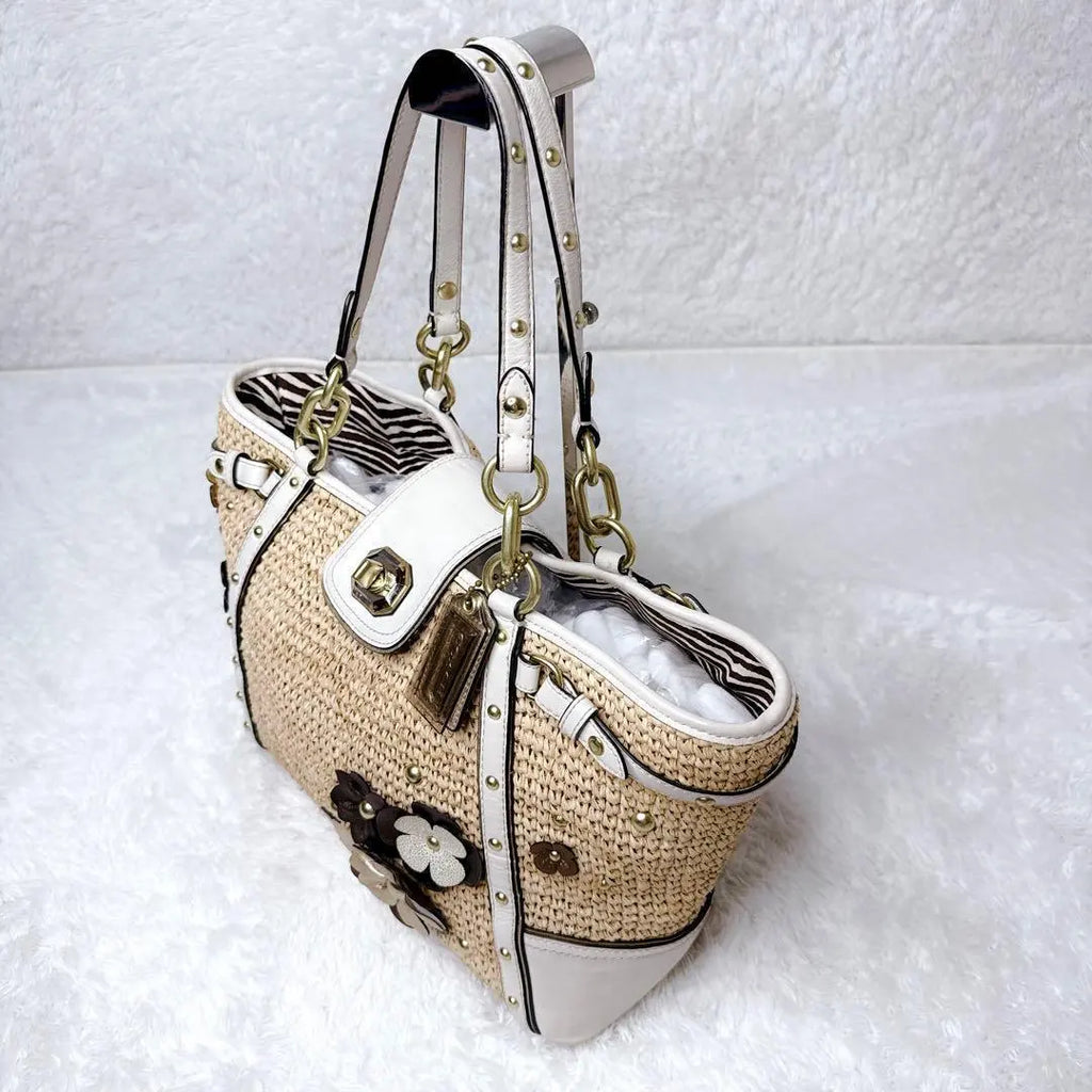 Vintage Coach Hamptons Straw Floral Applique Tote Bag