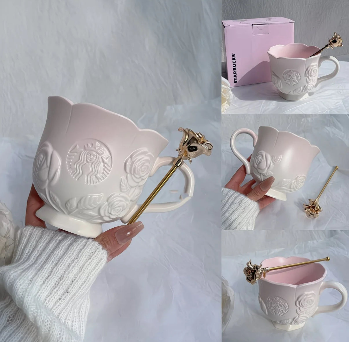 Starbucks China Exclusive Matte White & Pink Gradient Embossed Petal Mug accompanied by a golden rose stirring stick